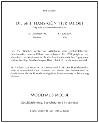 Traueranzeige von Hans-Günther Jacobi von Frankfurter Allgemeine Zeitung