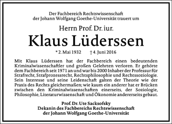 Traueranzeige von Klaus Lüderssen von Frankfurter Allgemeine Zeitung