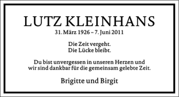 Traueranzeige von Lutz Kleinhans von Frankfurter Allgemeine Zeitung