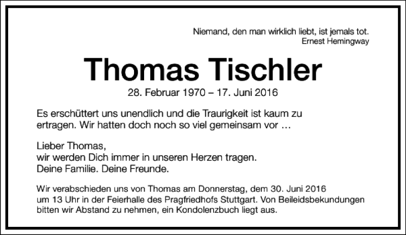  Traueranzeige für Thomas Tischler vom 28.06.2016 aus Frankfurter Allgemeine Zeitung