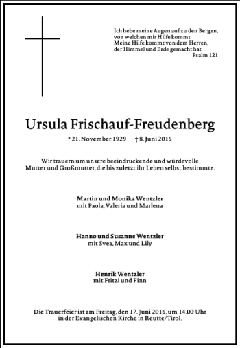 Traueranzeige von Ursula Frischauf-Freudenberg von Frankfurter Allgemeine Zeitung