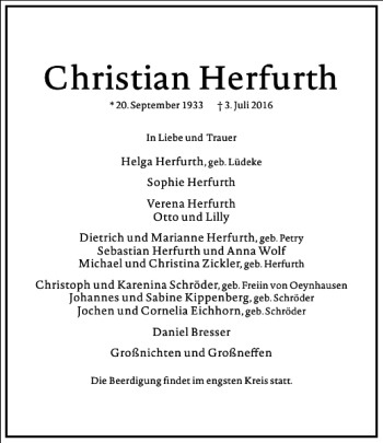 Traueranzeige von Christian Herfurth von Frankfurter Allgemeine Zeitung