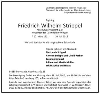 Traueranzeige von Dipl.-Ing.Friedrich Strippel von Frankfurter Allgemeine Zeitung