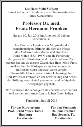 Traueranzeige von Dr. med. Franz Hermann Franken von Frankfurter Allgemeine Zeitung