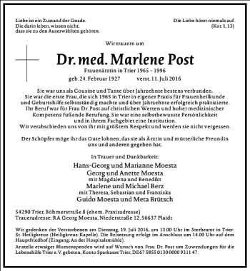 Traueranzeige von Dr. med. Marlene Post von Frankfurter Allgemeine Zeitung