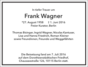 Traueranzeige von Frank Wagner von Frankfurter Allgemeine Zeitung