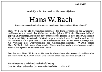 Traueranzeige von Hans W.Bach von Frankfurter Allgemeine Zeitung