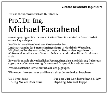 Traueranzeige von Michael Fastabend von Frankfurter Allgemeine Zeitung