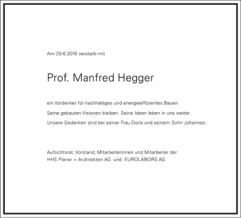Traueranzeige von Prof. Manfred Hegger von Frankfurter Allgemeine Zeitung