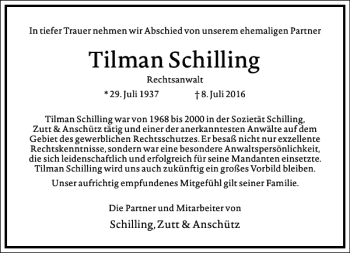 Traueranzeige von Tilman Schilling von Frankfurter Allgemeine Zeitung