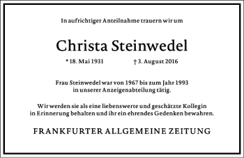 Traueranzeige von Christa Steinwedel von Frankfurter Allgemeine Zeitung