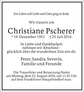 Traueranzeige von Christiane Pscherer von Frankfurter Allgemeine Zeitung