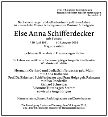 Traueranzeige von Else Anna Schifferdecker von Frankfurter Allgemeine Zeitung