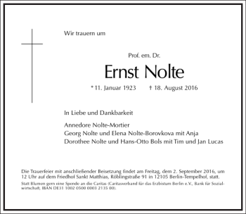Traueranzeige von Ernst Nolte von Frankfurter Allgemeine Zeitung