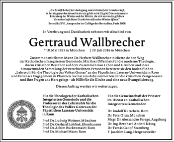 Traueranzeige von Gertraud Wallbrecher von Frankfurter Allgemeine Zeitung