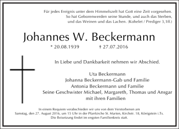 Traueranzeige von Johannes W. Beckermann von Frankfurter Allgemeine Zeitung