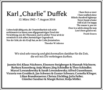 Traueranzeige von Karl Charlie Duffek von Frankfurter Allgemeine Zeitung