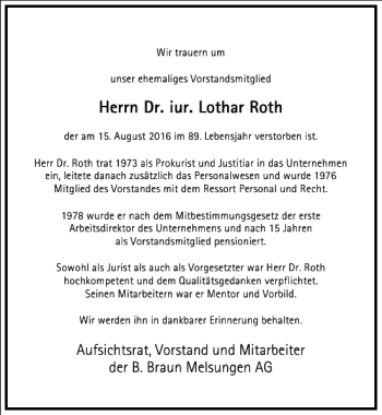 Traueranzeige von Lothar Roth von Frankfurter Allgemeine Zeitung