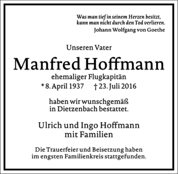 Traueranzeige von Manfred Hoffmann von Frankfurter Allgemeine Zeitung