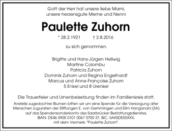 Traueranzeige von Paulette Zuhorn von Frankfurter Allgemeine Zeitung