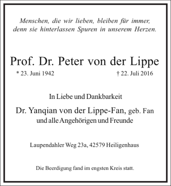 Traueranzeige von Peter von der Lippe von Frankfurter Allgemeine Zeitung