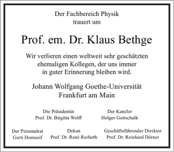 Traueranzeige von Prof.em.Dr.Klaus Bethge von Frankfurter Allgemeine Zeitung
