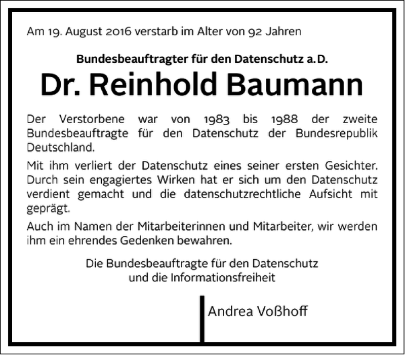  Traueranzeige für Reinhold Baumann vom 27.08.2016 aus Frankfurter Allgemeine Zeitung