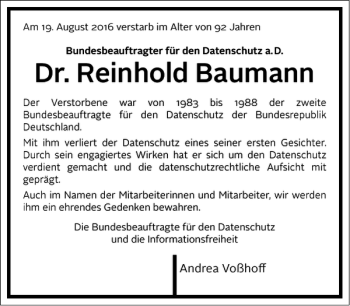 Traueranzeige von Reinhold Baumann von Frankfurter Allgemeine Zeitung