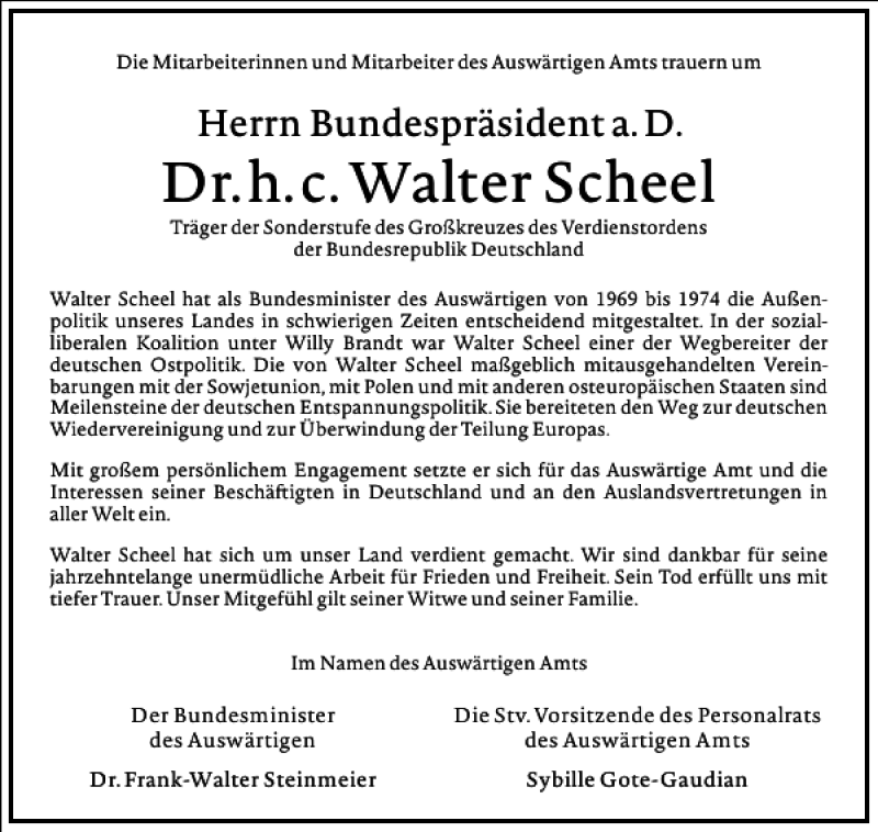  Traueranzeige für Walter Scheel vom 27.08.2016 aus Frankfurter Allgemeine Zeitung