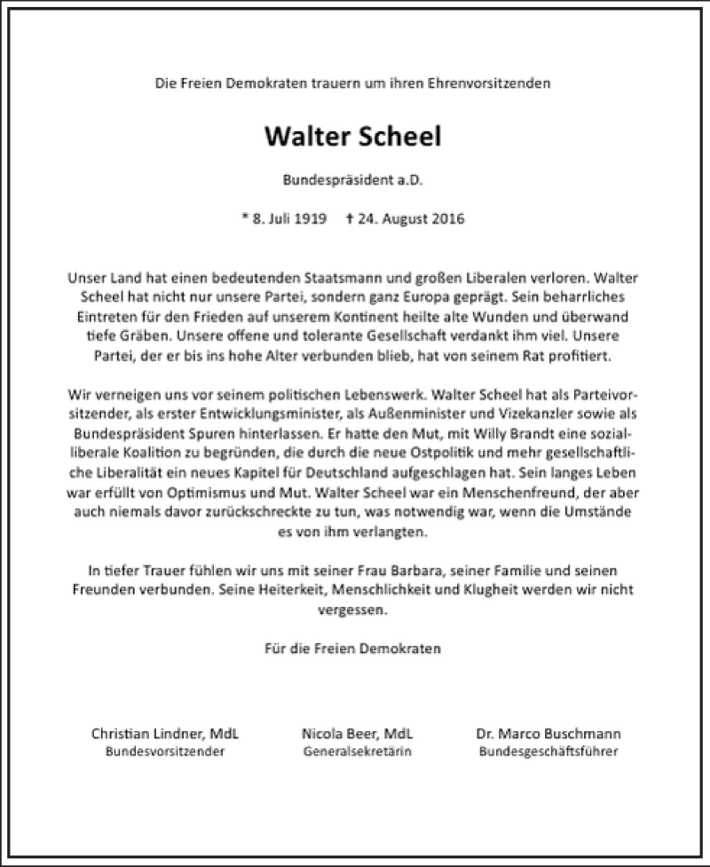  Traueranzeige für Walter Scheel vom 27.08.2016 aus Frankfurter Allgemeine Zeitung