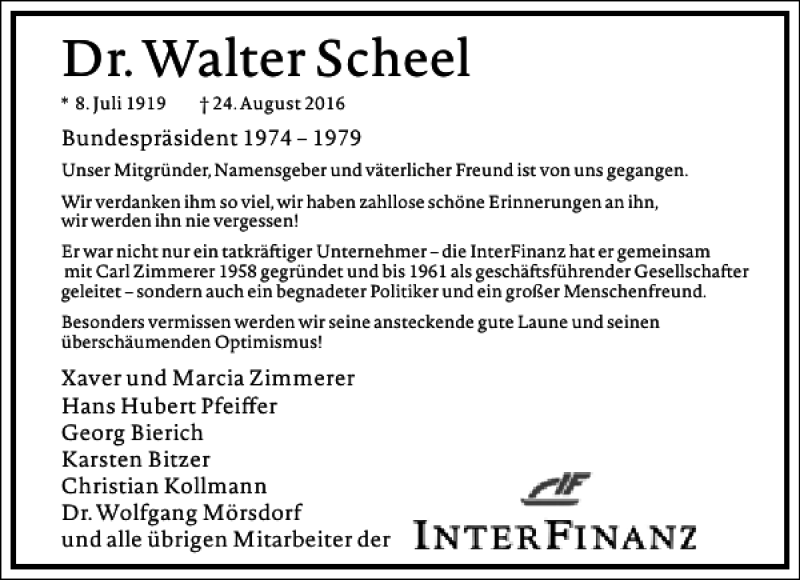  Traueranzeige für Walter Scheel vom 27.08.2016 aus Frankfurter Allgemeine Zeitung