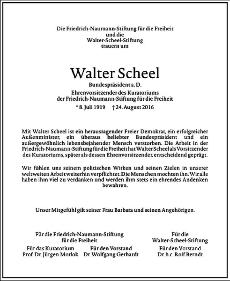  Traueranzeige für Walter Scheel vom 27.08.2016 aus Frankfurter Allgemeine Zeitung