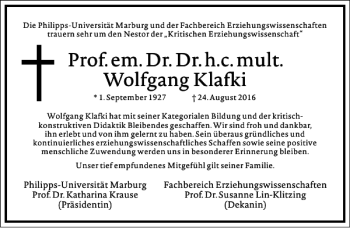 Traueranzeige von Wolfgang Klafki von Frankfurter Allgemeine Zeitung