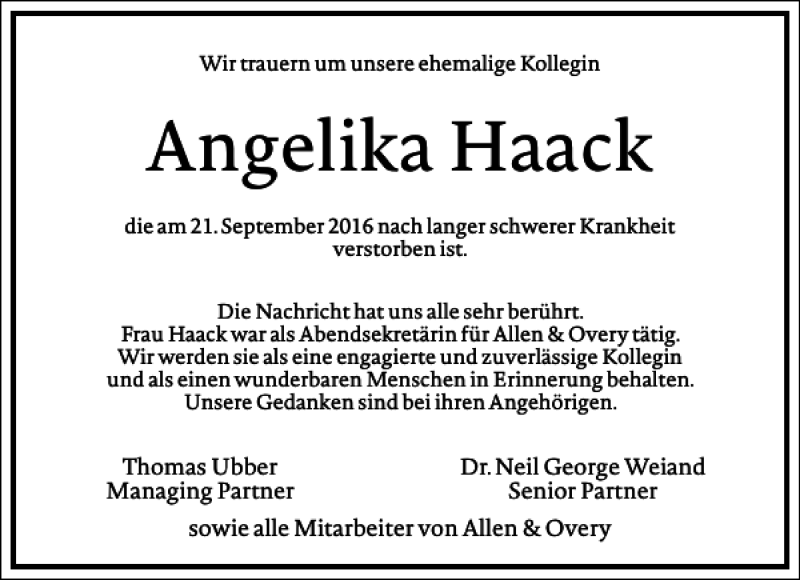  Traueranzeige für Angelika Haack vom 26.09.2016 aus Frankfurter Allgemeine Zeitung