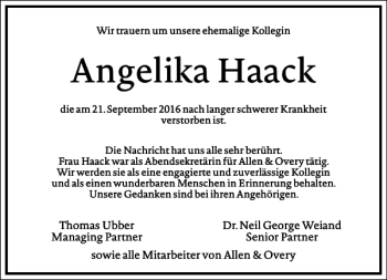 Traueranzeige von Angelika Haack von Frankfurter Allgemeine Zeitung