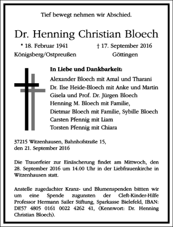 Traueranzeige von Dr. Henning Christian Bloech von Frankfurter Allgemeine Zeitung