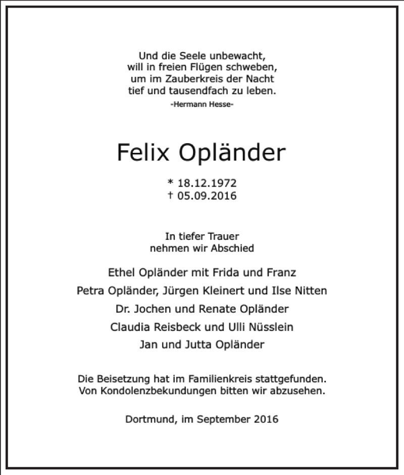  Traueranzeige für Felix Opländer vom 17.09.2016 aus Frankfurter Allgemeine Zeitung