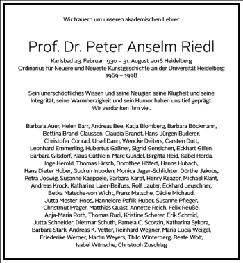 Traueranzeige von Prof. Dr. Peter Anselm Riedl von Frankfurter Allgemeine Zeitung