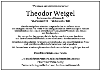 Traueranzeige von Theodor Weigel von Frankfurter Allgemeine Zeitung