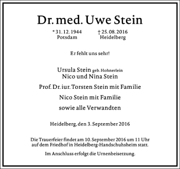 Traueranzeige von Uwe Stein von Frankfurter Allgemeine Zeitung