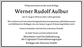 Traueranzeige von Werner Rudolf Aulbur von Frankfurter Allgemeine Zeitung