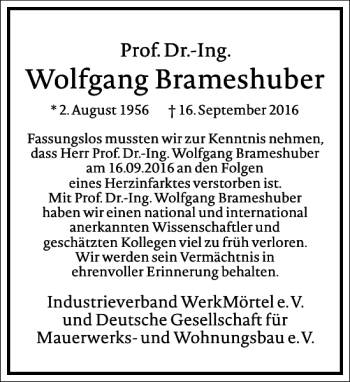 Traueranzeige von Wolfgang Brameshuber von Frankfurter Allgemeine Zeitung