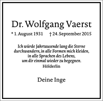 Traueranzeige von Wolfgang Vaerst von Frankfurter Allgemeine Zeitung