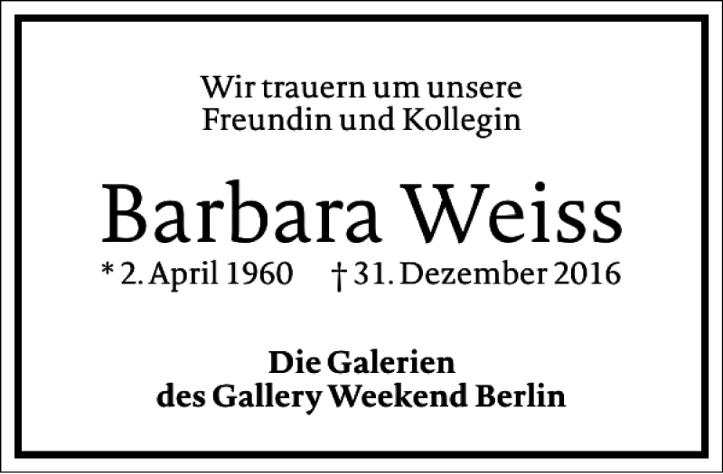  Traueranzeige für Barbara Weiss vom 07.01.2017 aus Frankfurter Allgemeine Zeitung