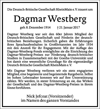 Traueranzeige von Dagmar Westberg von Frankfurter Allgemeine Zeitung