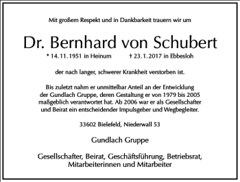 Traueranzeige von Dr. Bernhard von Schubert von Frankfurter Allgemeine Zeitung