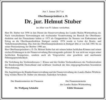 Traueranzeige von Dr. Jur. Helmut Stuber von Frankfurter Allgemeine Zeitung
