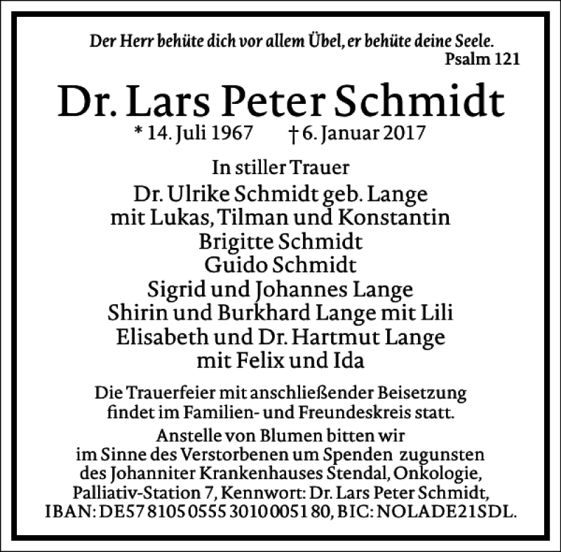  Traueranzeige für Dr.Lars Peter Schmidt vom 12.01.2017 aus Frankfurter Allgemeine Zeitung