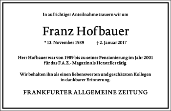 Traueranzeige von Franz Hofbauer von Frankfurter Allgemeine Zeitung