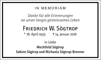 Traueranzeige von Friedrich W. Sögtrop von Frankfurter Allgemeine Zeitung